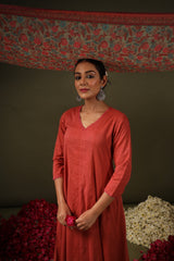 Rust Rayon Printed Kurti Pant Dupatta Set