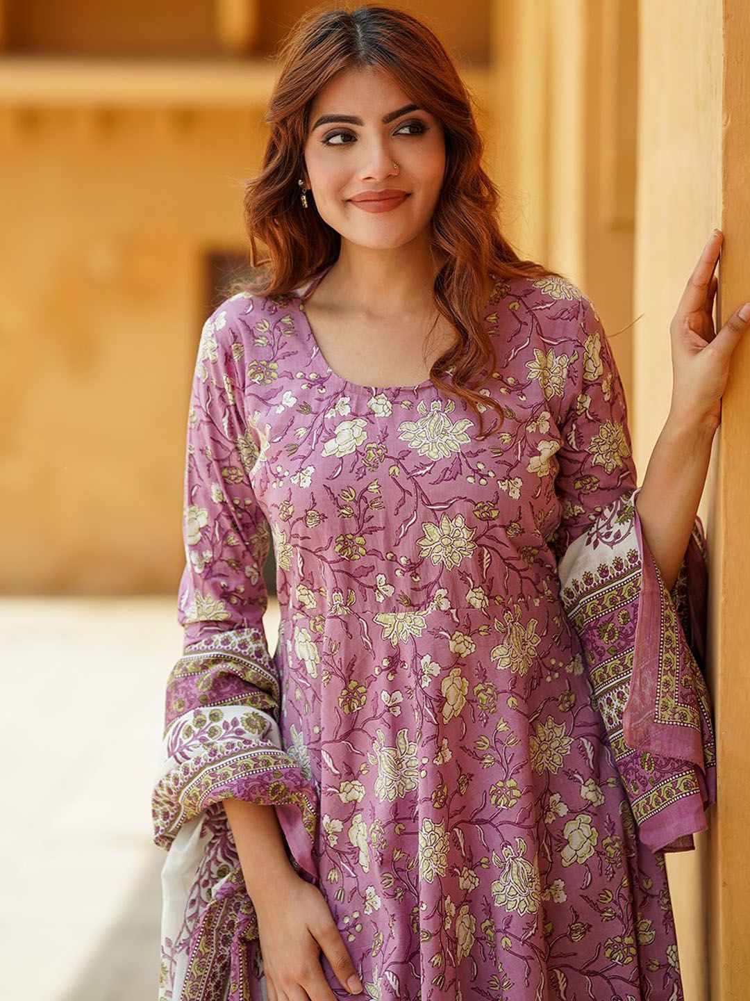 Lavender Rayon Printed Kurti Pant Dupatta Set