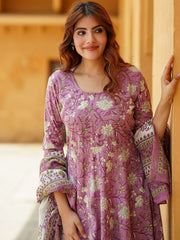 Lavender Rayon Printed Kurti Pant Dupatta Set