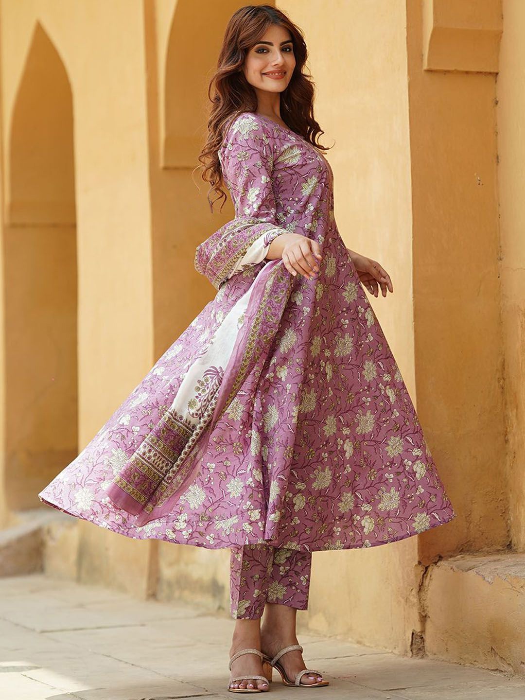 Lavender Rayon Printed Kurti Pant Dupatta Set