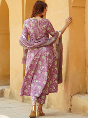 Lavender Rayon Printed Kurti Pant Dupatta Set