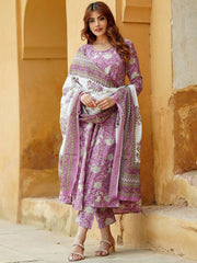 Lavender Rayon Printed Kurti Pant Dupatta Set