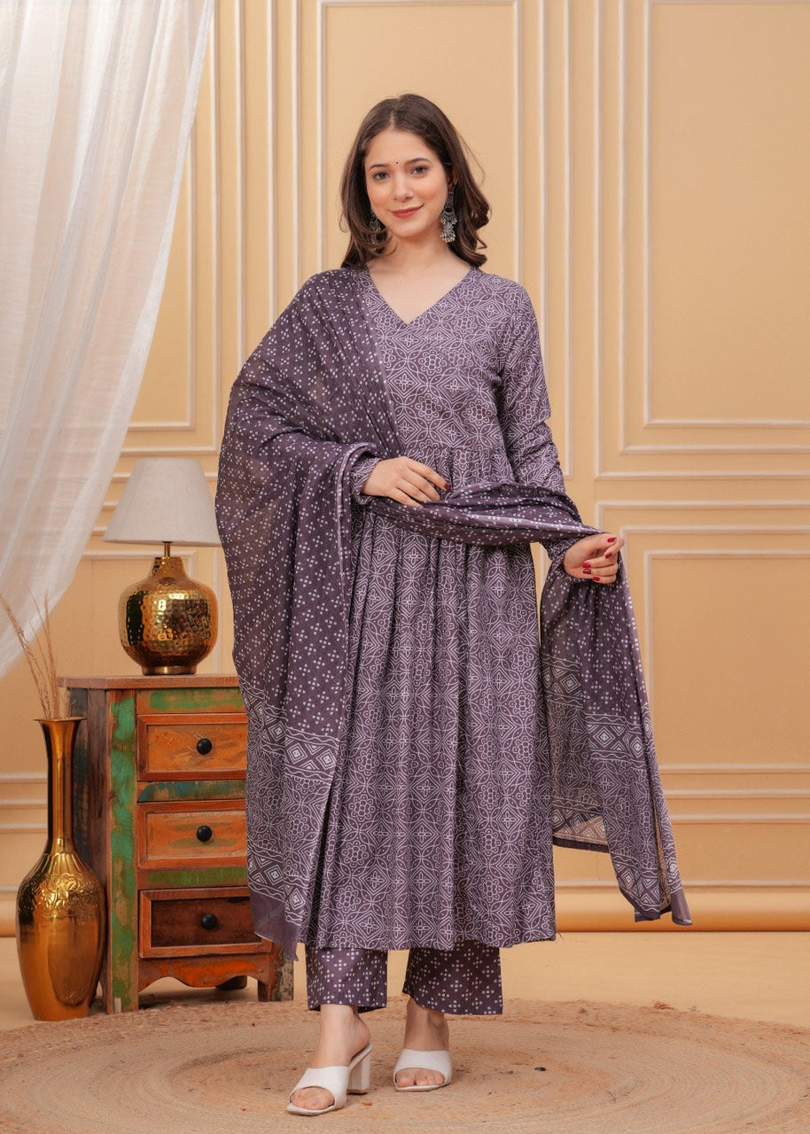 Purple Rayon Printed Kurti Pant Dupatta Set