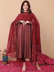 Maroon Rayon Printed Kurti Pant Dupatta Set