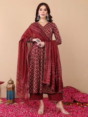 Maroon Rayon Printed Kurti Pant Dupatta Set