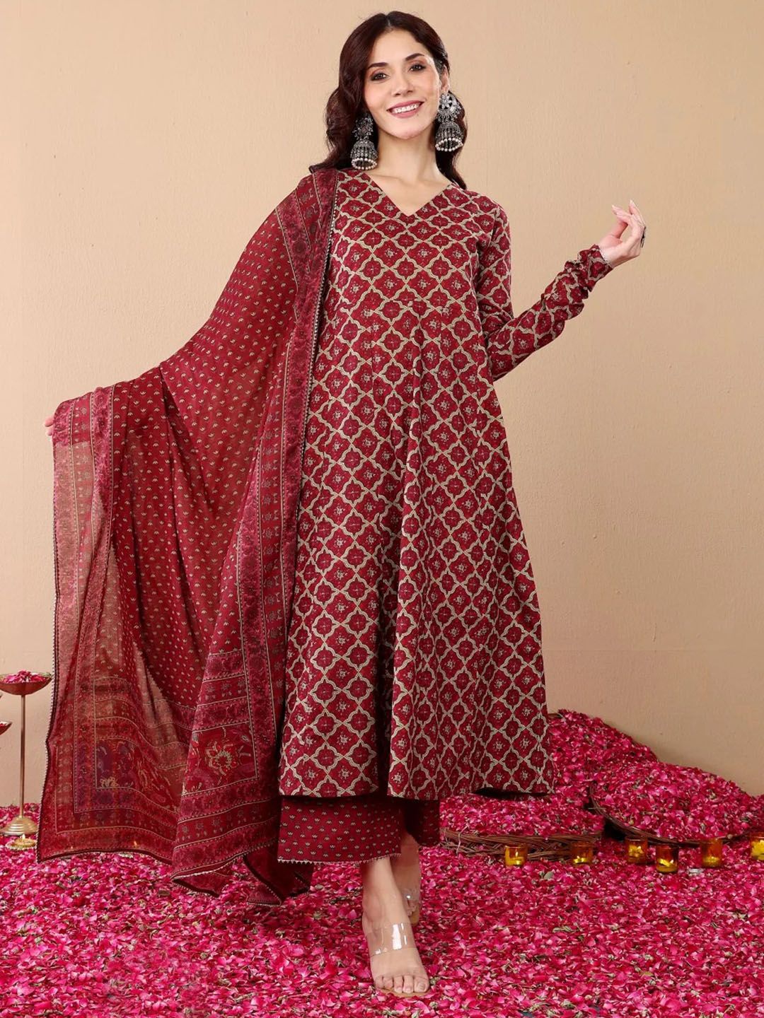 Maroon Rayon Printed Kurti Pant Dupatta Set