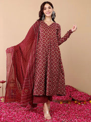 Maroon Rayon Printed Kurti Pant Dupatta Set