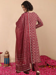 Maroon Rayon Printed Kurti Pant Dupatta Set