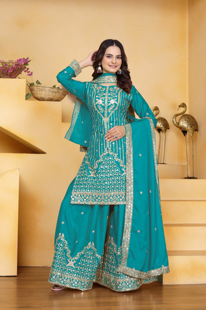 Sophisticated Sharara Kurta Set Intricate Thread Work Festive Ensemble
