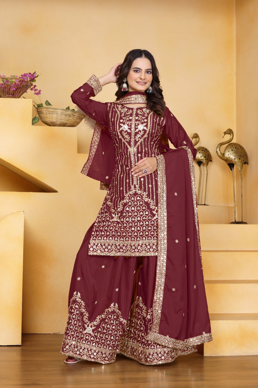 Sophisticated Sharara Kurta Set Intricate Thread Work Festive Ensemble