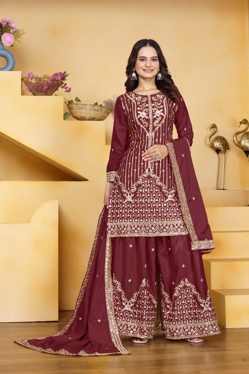 Sophisticated Sharara Kurta Set Intricate Thread Work Festive Ensemble