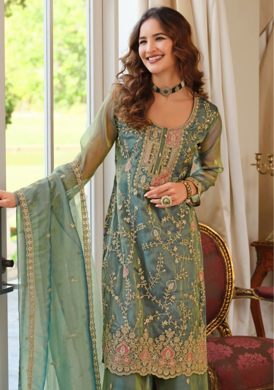 Premium Festive Organza Suit Set Sophisticated Traditional Wear with Embellished Border