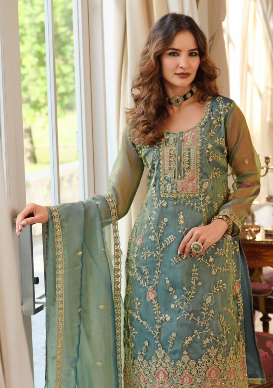 Premium Festive Organza Suit Set Sophisticated Traditional Wear with Embellished Border