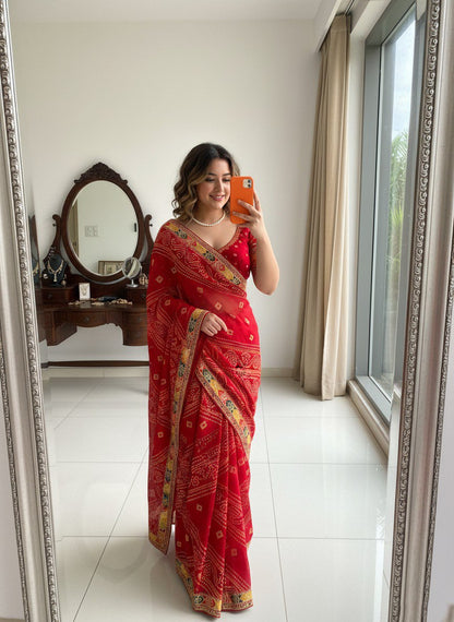 Bandhani Print Traditional Saree With Contrast Border
