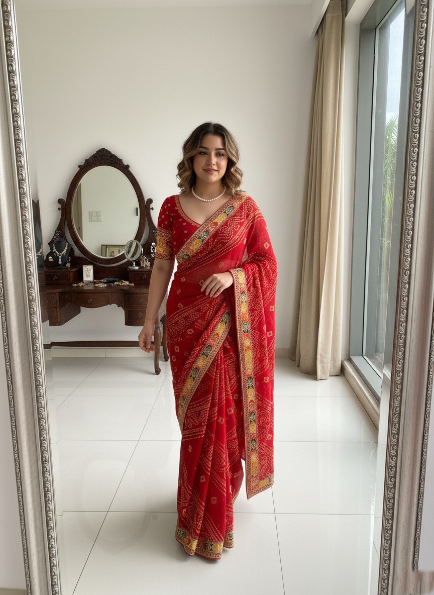 Bandhani Print Traditional Saree With Contrast Border