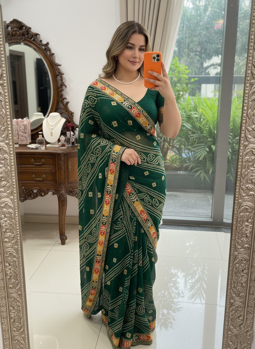 Bandhani Print Traditional Saree With Contrast Border