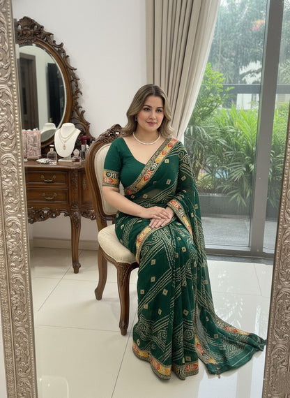 Bandhani Print Traditional Saree With Contrast Border