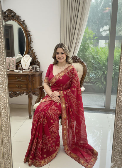 Bandhani Print Traditional Saree With Contrast Border