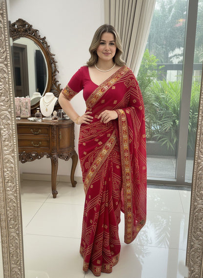 Bandhani Print Traditional Saree With Contrast Border