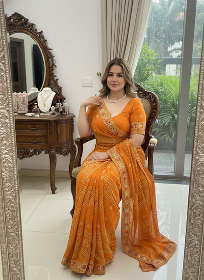 Bandhani Print Traditional Saree With Contrast Border