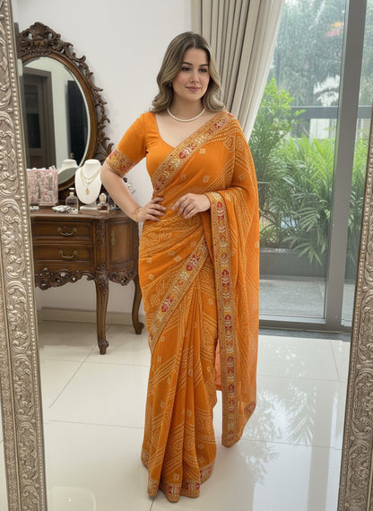 Bandhani Print Traditional Saree With Contrast Border