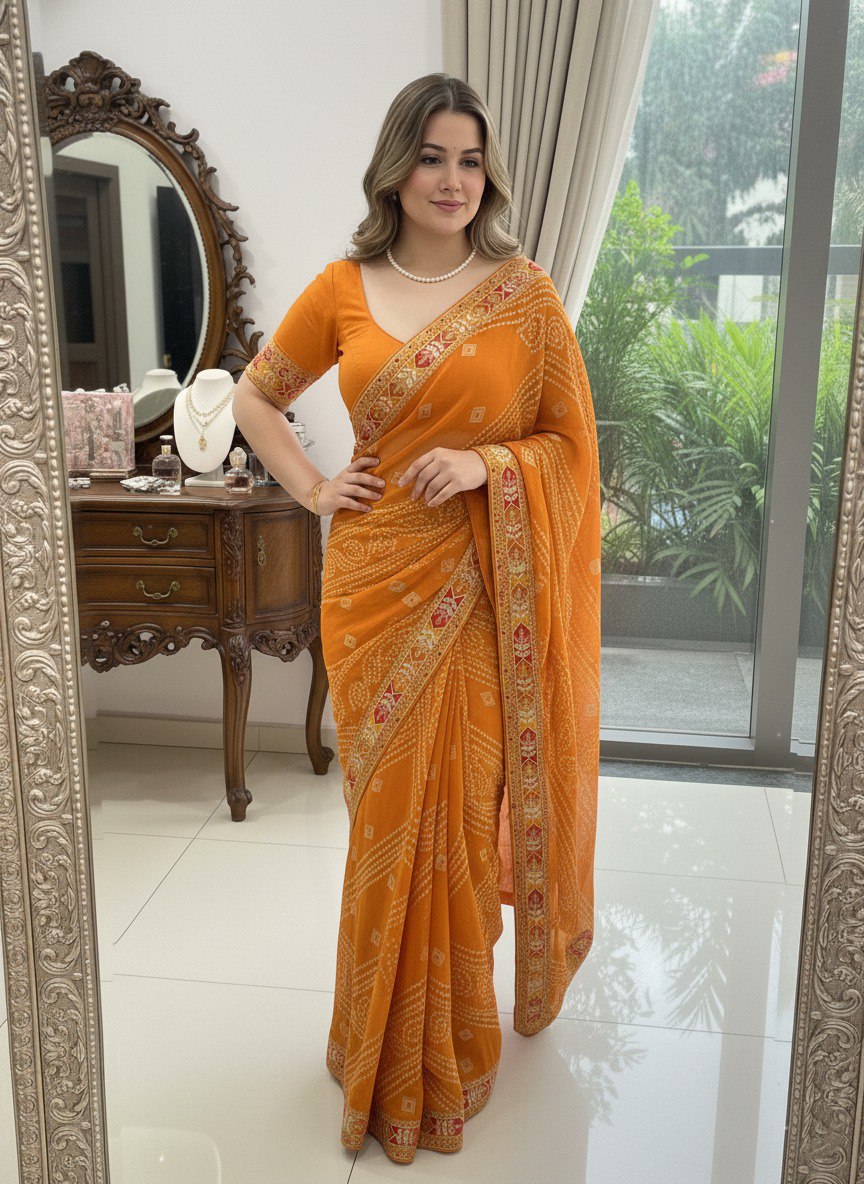 Bandhani Print Traditional Saree With Contrast Border
