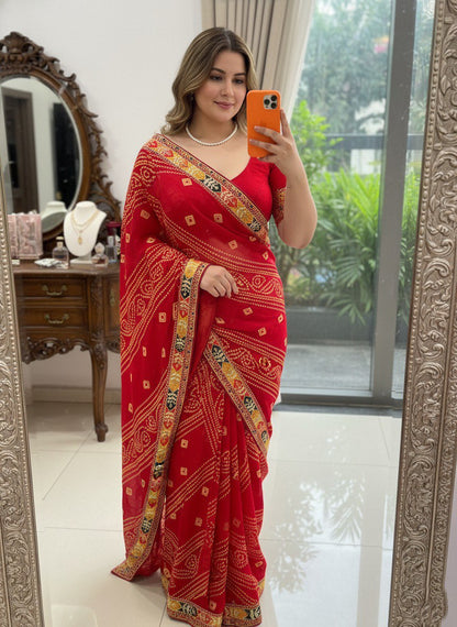 Bandhani Print Traditional Saree With Contrast Border