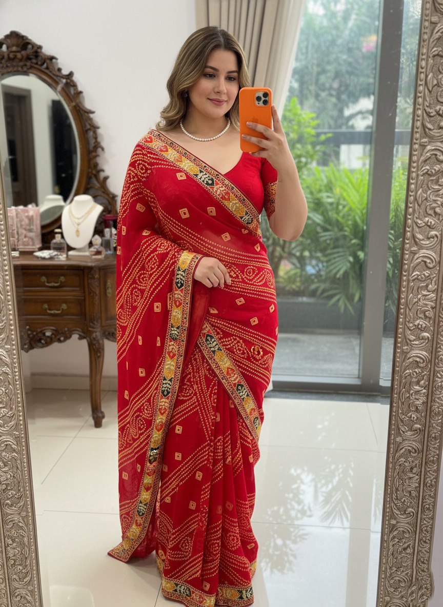 Bandhani Print Traditional Saree With Contrast Border