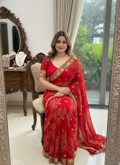 Bandhani Print Traditional Saree With Contrast Border