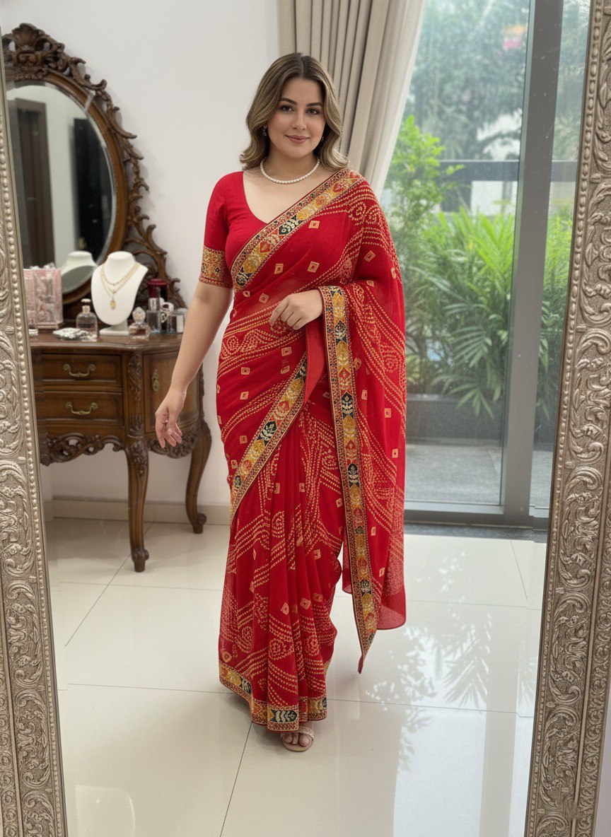 Bandhani Print Traditional Saree With Contrast Border