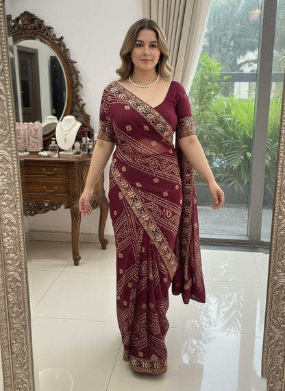 Bandhani Print Traditional Saree With Contrast Border