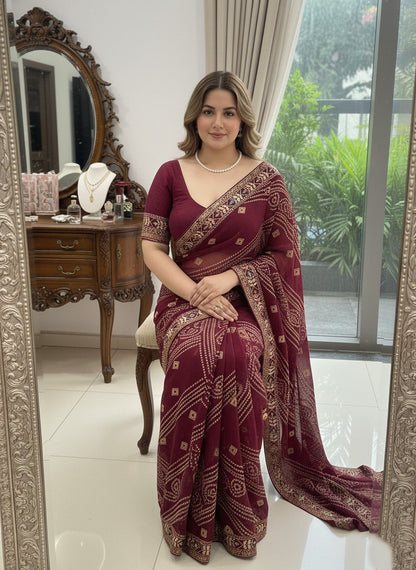 Bandhani Print Traditional Saree With Contrast Border