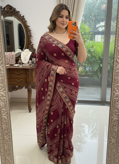 Bandhani Print Traditional Saree With Contrast Border