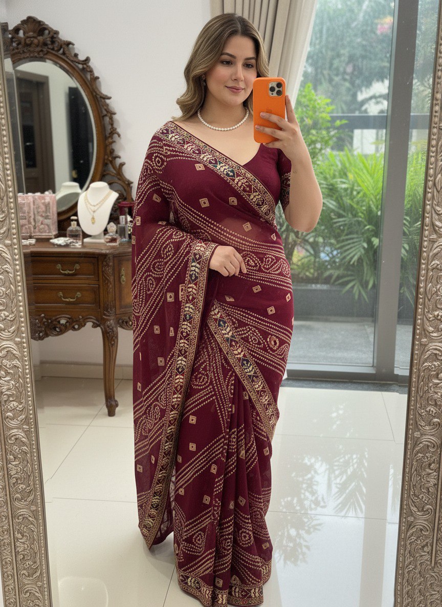 Bandhani Print Traditional Saree With Contrast Border