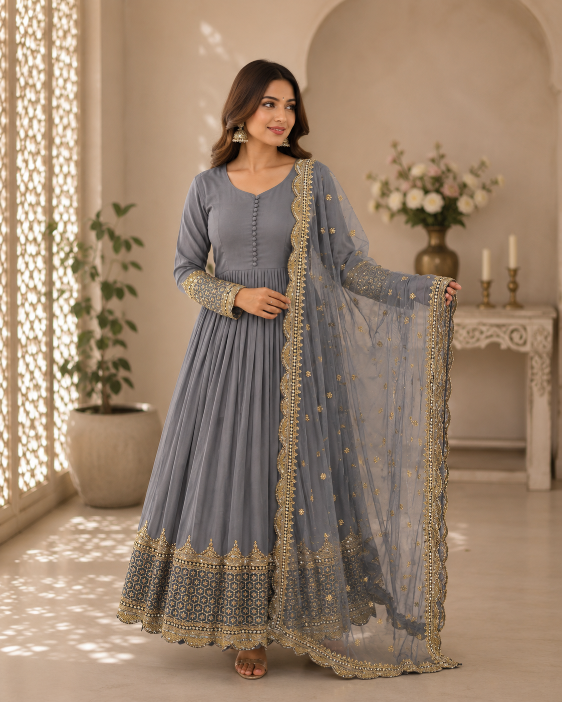 Elegant Embroidered Anarkali Ensemble with Scalloped Dupatta Festive Collection