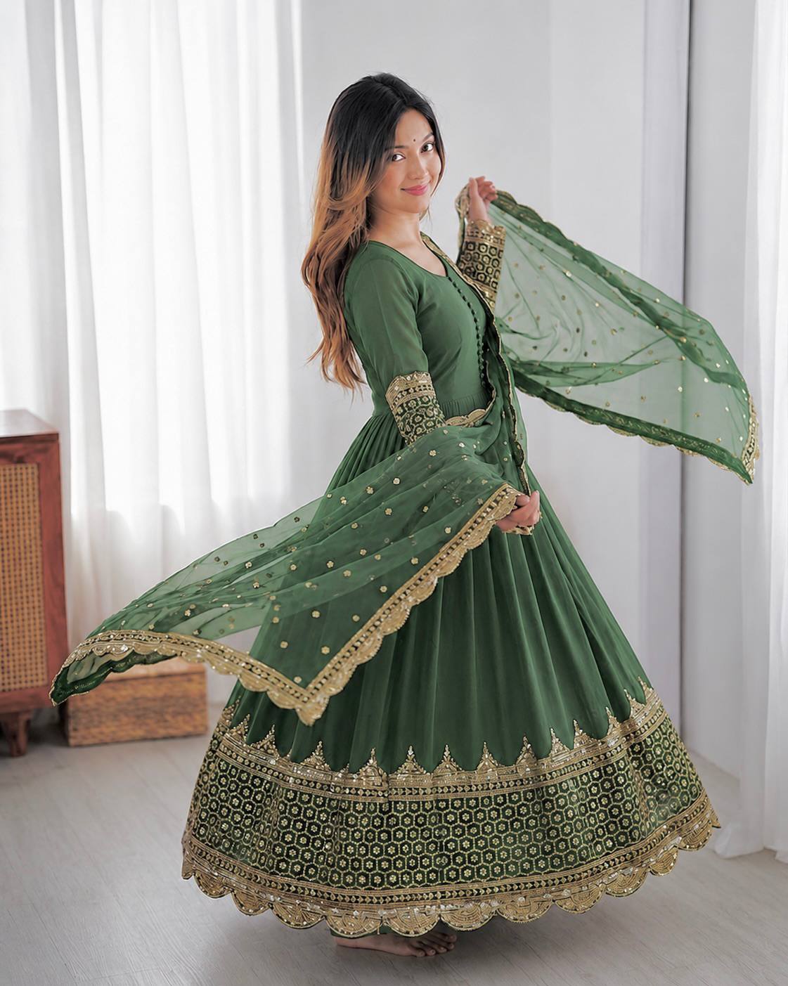 Sophisticated Anarkali Suit Set Intricate Golden Embellishments and Festive Party Outfit