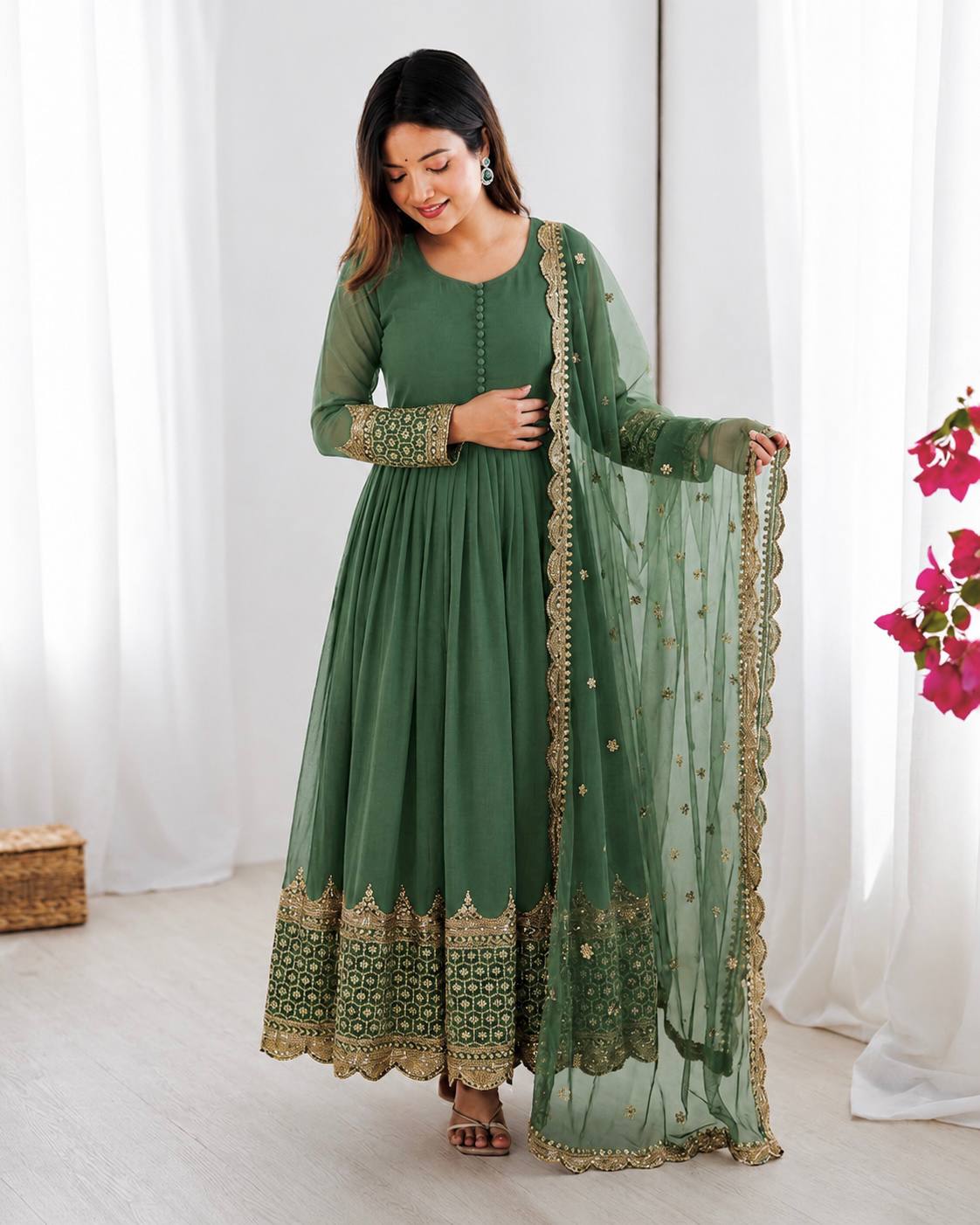 Sophisticated Anarkali Suit Set Intricate Golden Embellishments and Festive Party Outfit