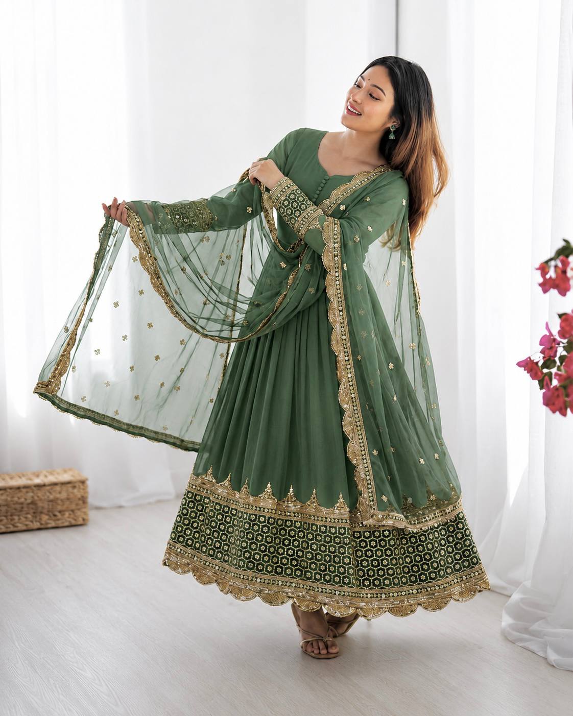 Sophisticated Anarkali Suit Set Intricate Golden Embellishments and Festive Party Outfit