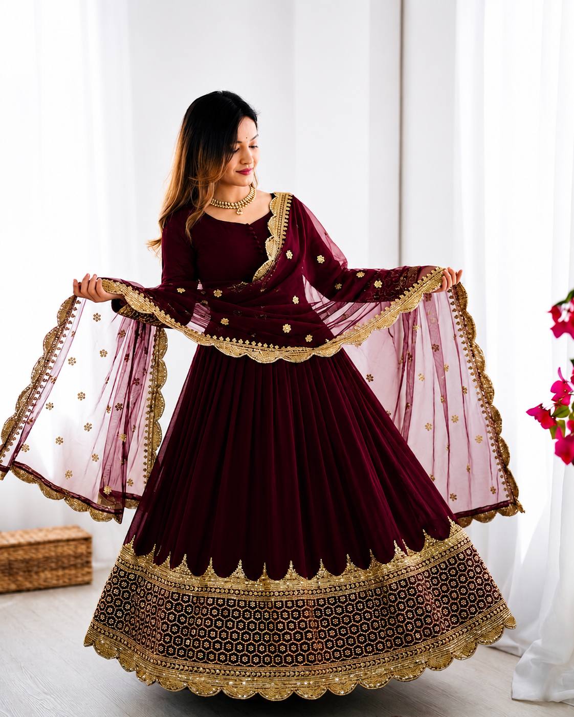 Sophisticated Anarkali Suit Set Intricate Golden Embellishments and Festive Party Outfit