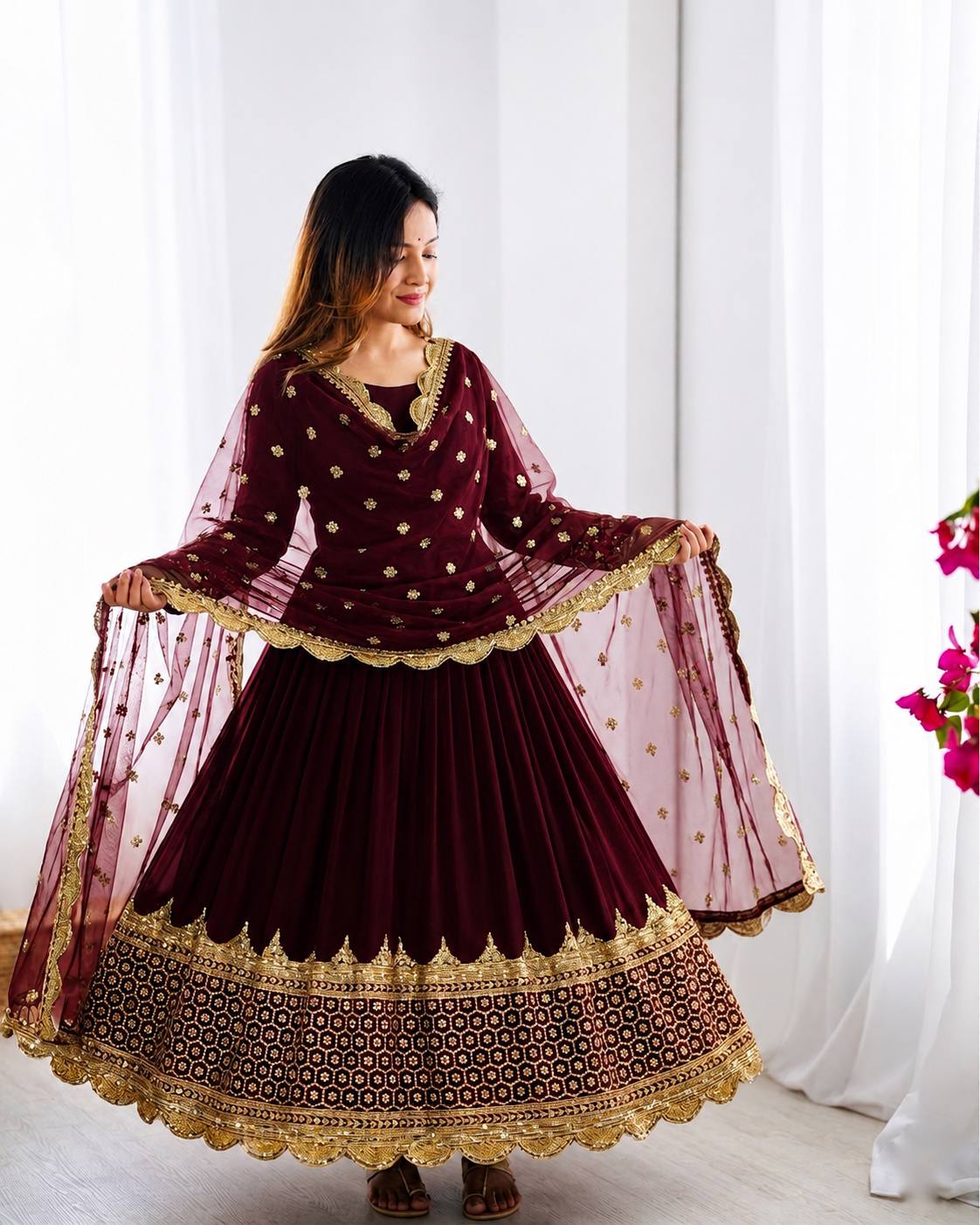 Sophisticated Anarkali Suit Set Intricate Golden Embellishments and Festive Party Outfit