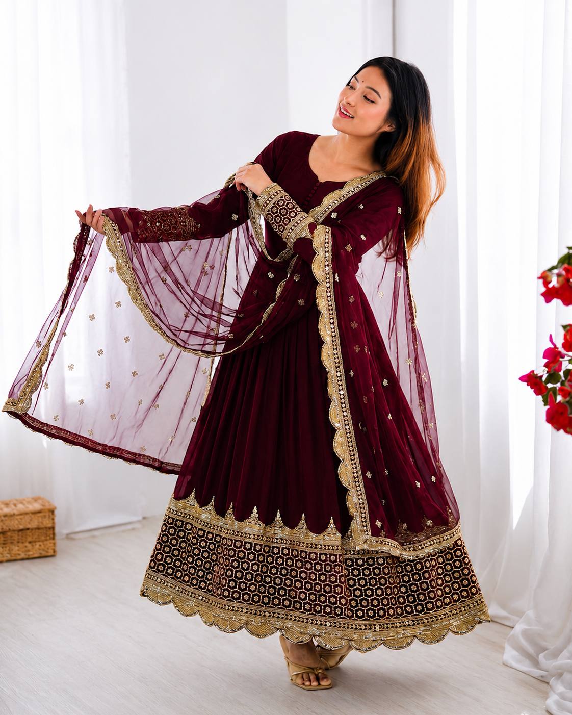Sophisticated Anarkali Suit Set Intricate Golden Embellishments and Festive Party Outfit