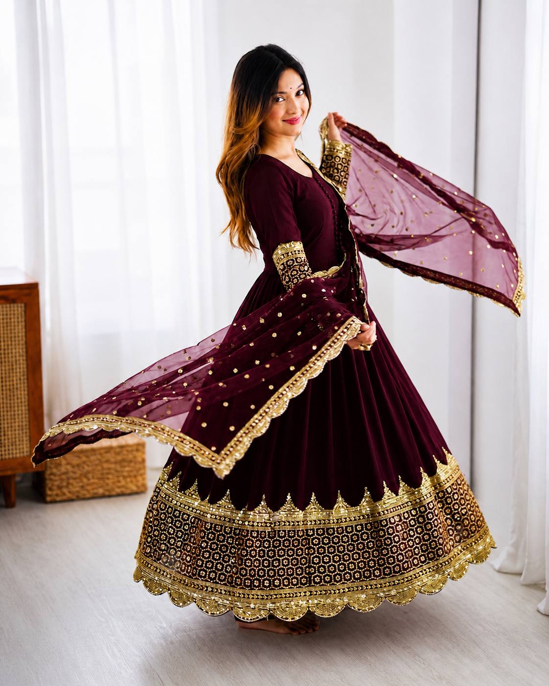 Sophisticated Anarkali Suit Set Intricate Golden Embellishments and Festive Party Outfit