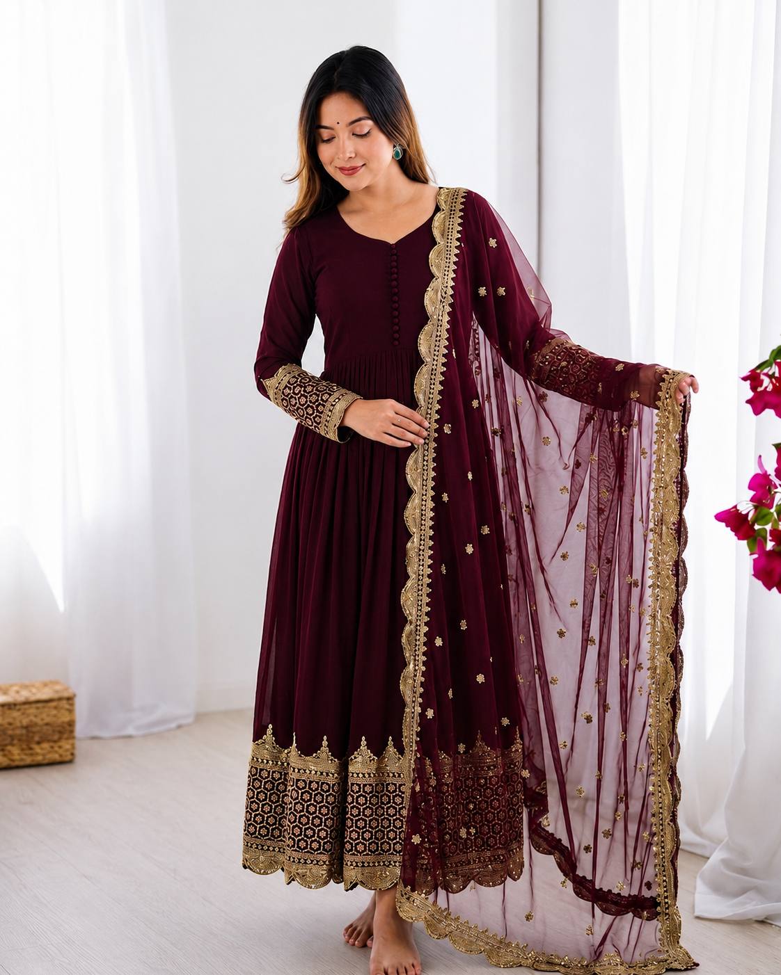 Sophisticated Anarkali Suit Set Intricate Golden Embellishments and Festive Party Outfit