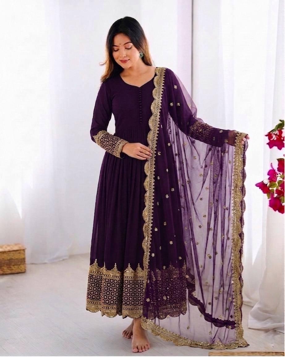 Sophisticated Anarkali Suit Set Intricate Golden Embellishments and Festive Party Outfit