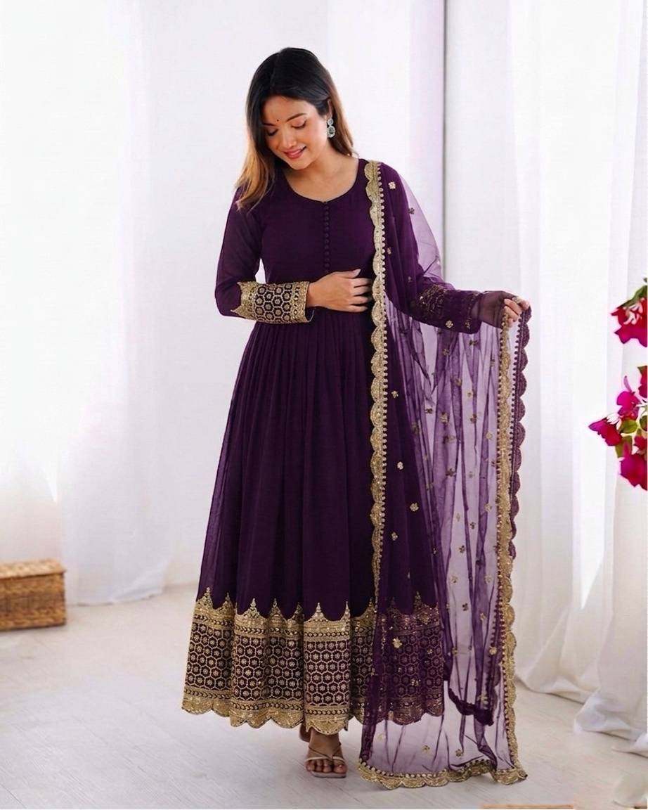 Sophisticated Anarkali Suit Set Intricate Golden Embellishments and Festive Party Outfit