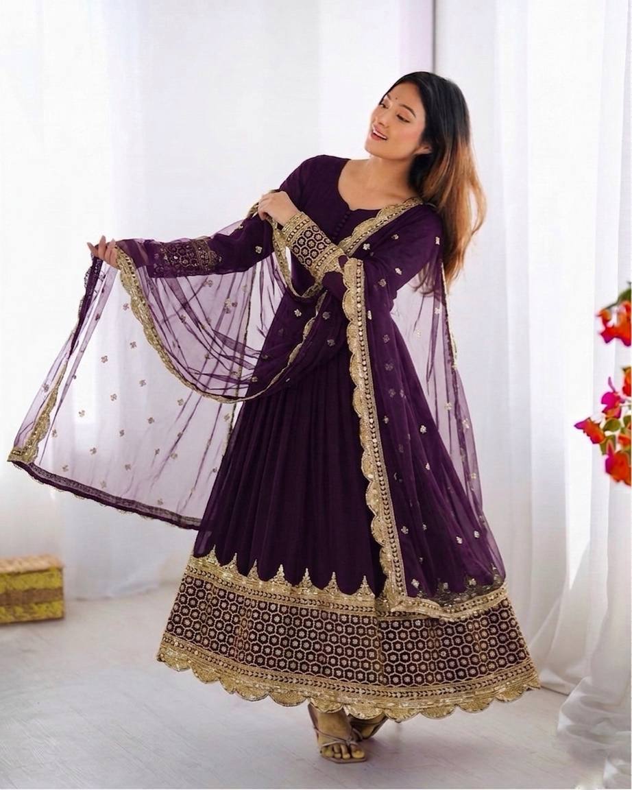 Sophisticated Anarkali Suit Set Intricate Golden Embellishments and Festive Party Outfit