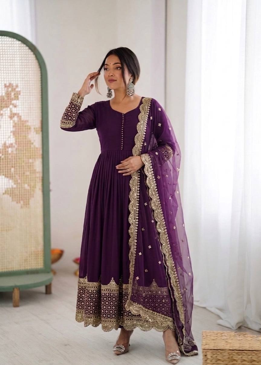 Sophisticated Anarkali Suit Set Intricate Golden Embellishments and Festive Party Outfit