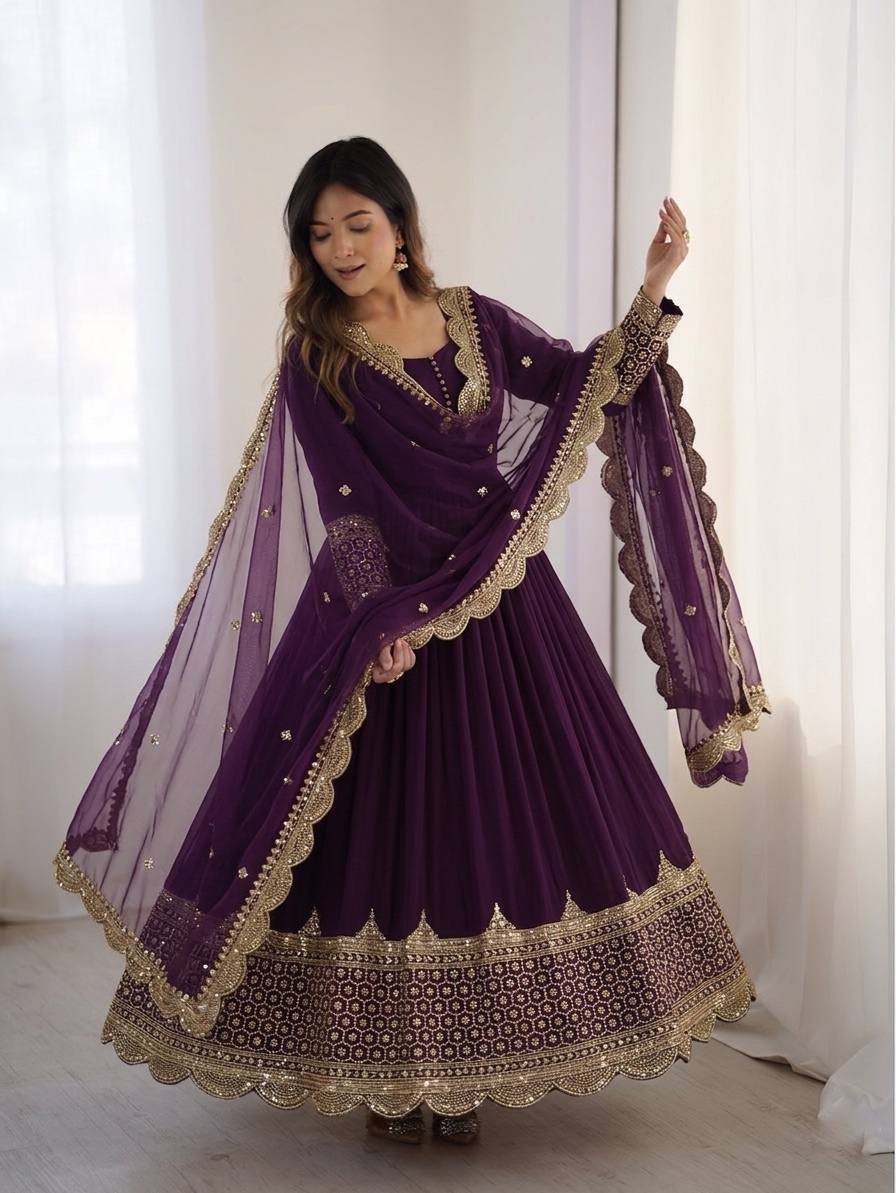 Sophisticated Anarkali Suit Set Intricate Golden Embellishments and Festive Party Outfit