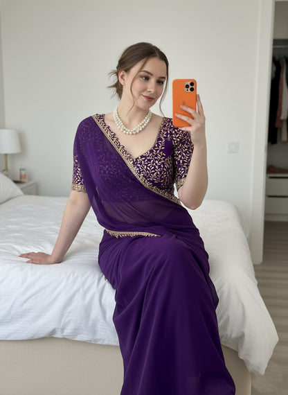 Embroidered Chiffon Saree with Designer Blouse Elegant Party & Festive Wear