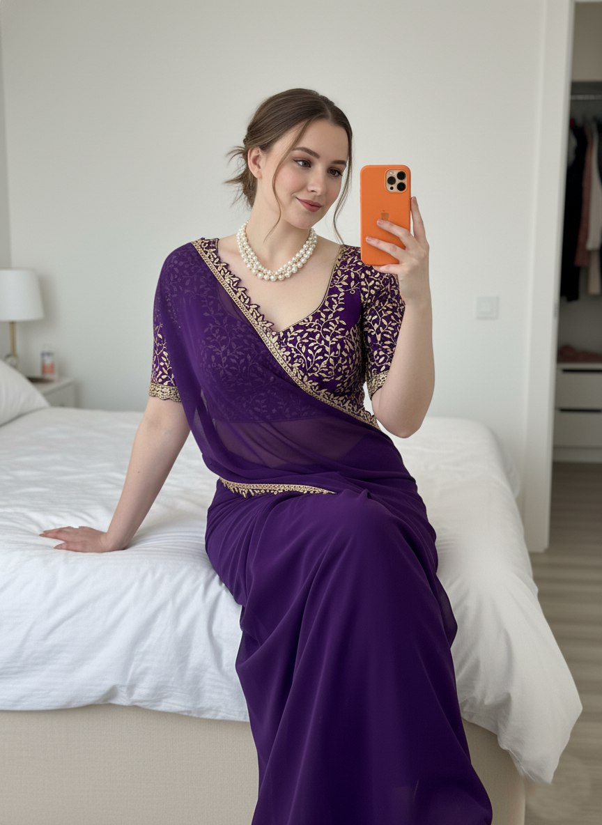 Embroidered Chiffon Saree with Designer Blouse Elegant Party & Festive Wear